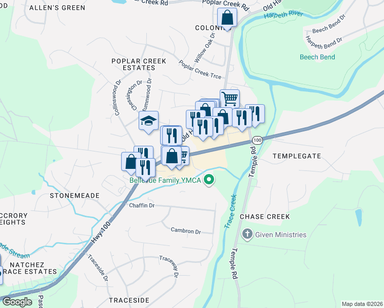 map of restaurants, bars, coffee shops, grocery stores, and more near Highway 100 in Nashville