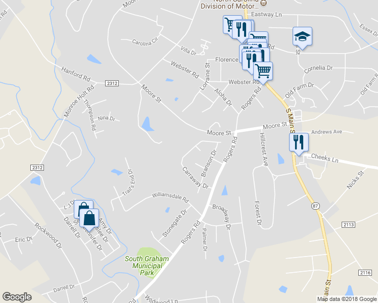 map of restaurants, bars, coffee shops, grocery stores, and more near 707 Carraway Drive in Graham