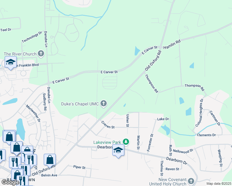 map of restaurants, bars, coffee shops, grocery stores, and more near 903 Old Oxford Road in Durham