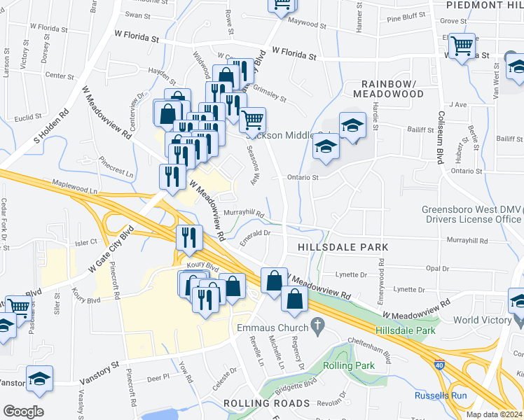 map of restaurants, bars, coffee shops, grocery stores, and more near 2508 Murrayhill Road in Greensboro