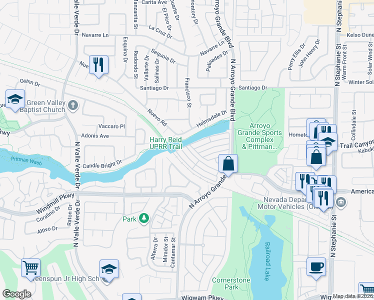 map of restaurants, bars, coffee shops, grocery stores, and more near 1643 Cave Spring Drive in Henderson