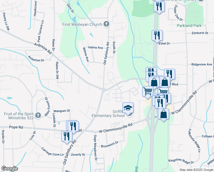 map of restaurants, bars, coffee shops, grocery stores, and more near 1530 Thresher Lane in Winston-Salem