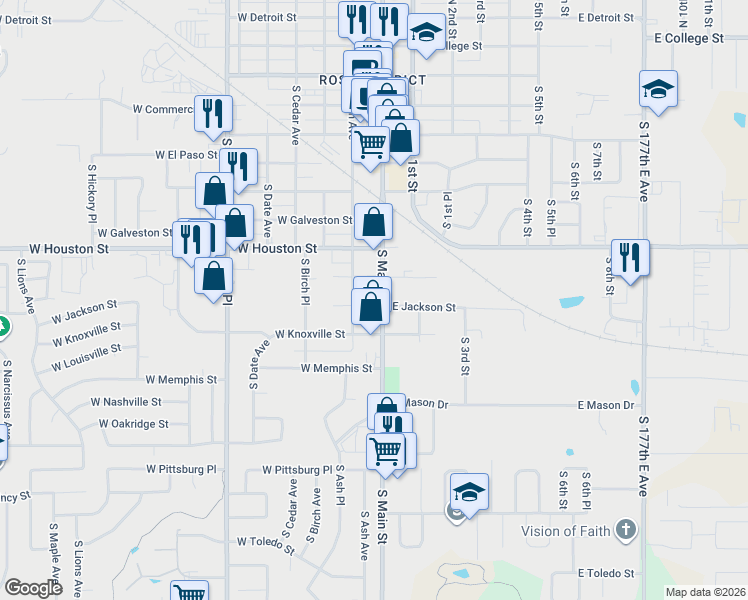 map of restaurants, bars, coffee shops, grocery stores, and more near 824 South Main Street in Broken Arrow