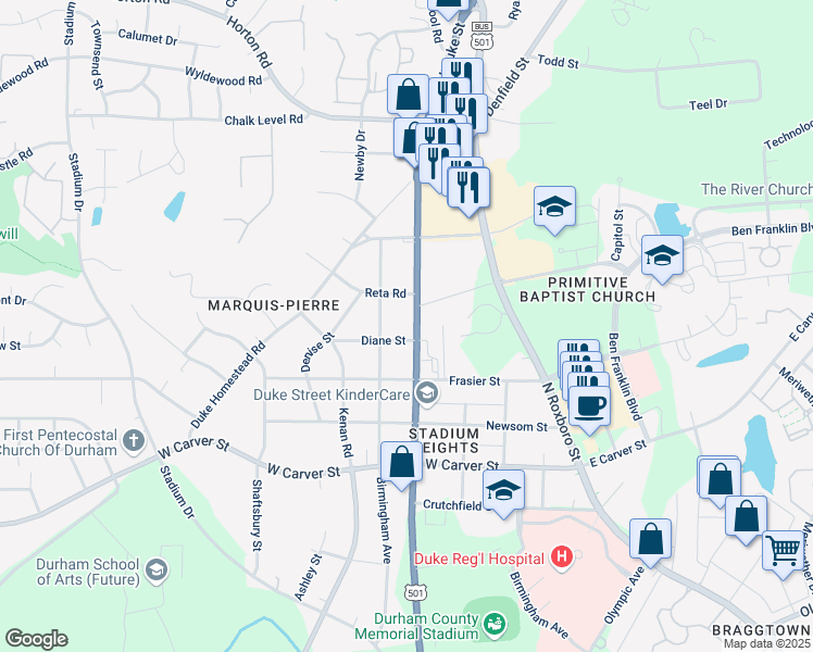 map of restaurants, bars, coffee shops, grocery stores, and more near 3307 North Duke Street in Durham