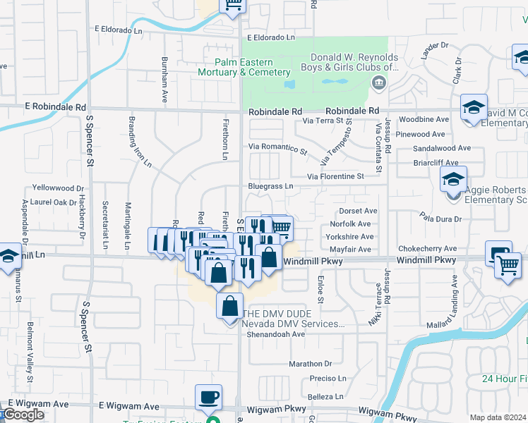 map of restaurants, bars, coffee shops, grocery stores, and more near 2975 Bluegrass Lane in Henderson