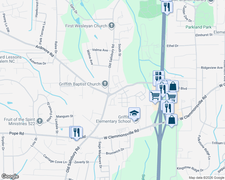 map of restaurants, bars, coffee shops, grocery stores, and more near 1492 Thresher Lane in Winston-Salem