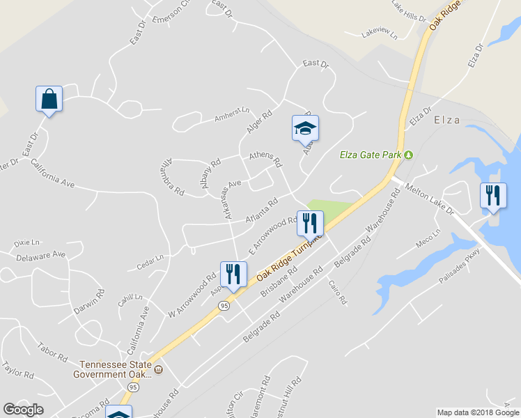 map of restaurants, bars, coffee shops, grocery stores, and more near 119 Atlanta Road in Oak Ridge