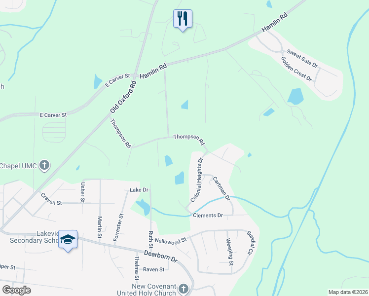 map of restaurants, bars, coffee shops, grocery stores, and more near 1210 Thompson Road in Durham