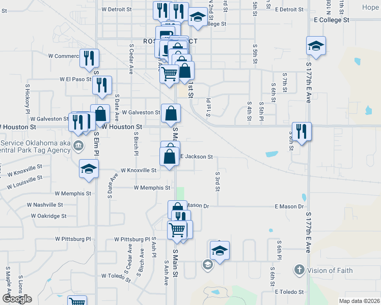 map of restaurants, bars, coffee shops, grocery stores, and more near 118 East Jackson Street in Broken Arrow
