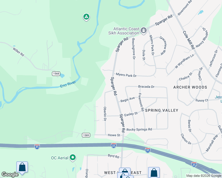map of restaurants, bars, coffee shops, grocery stores, and more near 2801 Sparger Road in Durham
