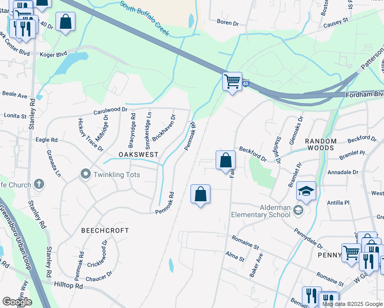 map of restaurants, bars, coffee shops, grocery stores, and more near 4617 Pennoak Road in Greensboro
