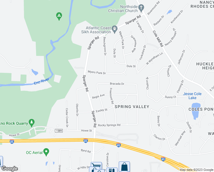 map of restaurants, bars, coffee shops, grocery stores, and more near 4509 Bracada Drive in Durham