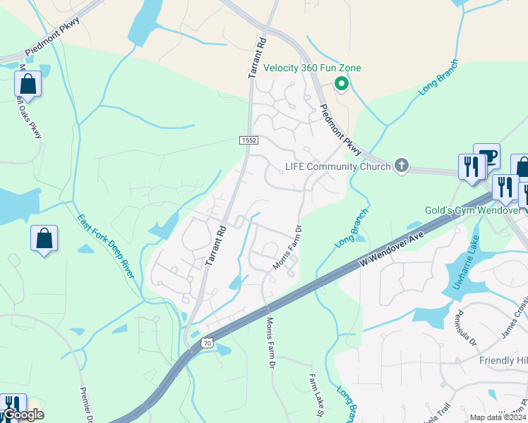 map of restaurants, bars, coffee shops, grocery stores, and more near 3709 Morris Farm Drive in Greensboro