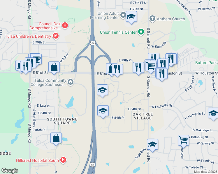 map of restaurants, bars, coffee shops, grocery stores, and more near 8122 South 107th East Avenue in Tulsa