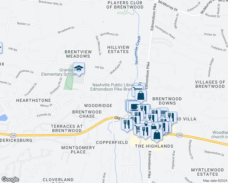 map of restaurants, bars, coffee shops, grocery stores, and more near 5521 Hill Court in Nashville