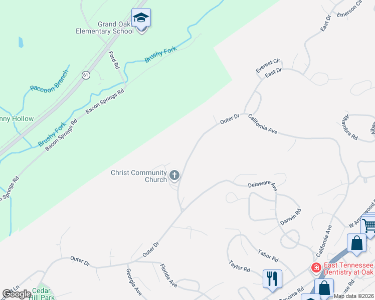 map of restaurants, bars, coffee shops, grocery stores, and more near 48 Outer Drive in Oak Ridge