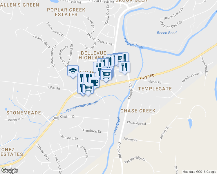 map of restaurants, bars, coffee shops, grocery stores, and more near 8072 Highway 100 in Nashville