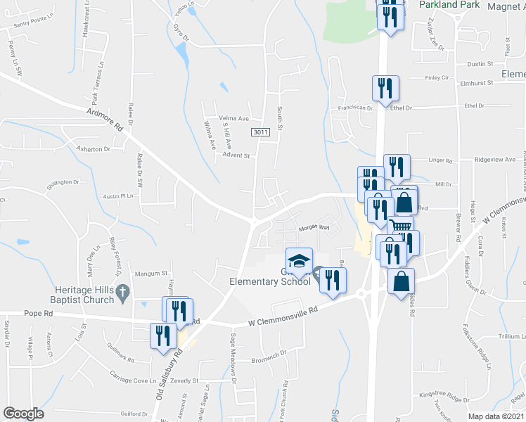 map of restaurants, bars, coffee shops, grocery stores, and more near 1520 Thresher Lane in Winston-Salem