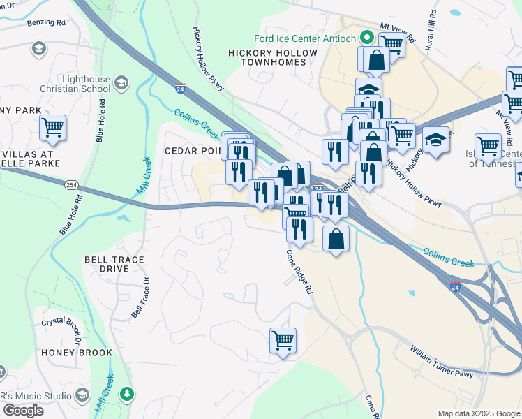 map of restaurants, bars, coffee shops, grocery stores, and more near 1211 Bell Road in Nashville