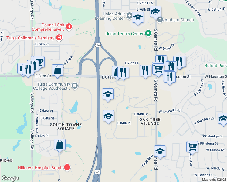map of restaurants, bars, coffee shops, grocery stores, and more near 8122 South 107th East Avenue in Tulsa