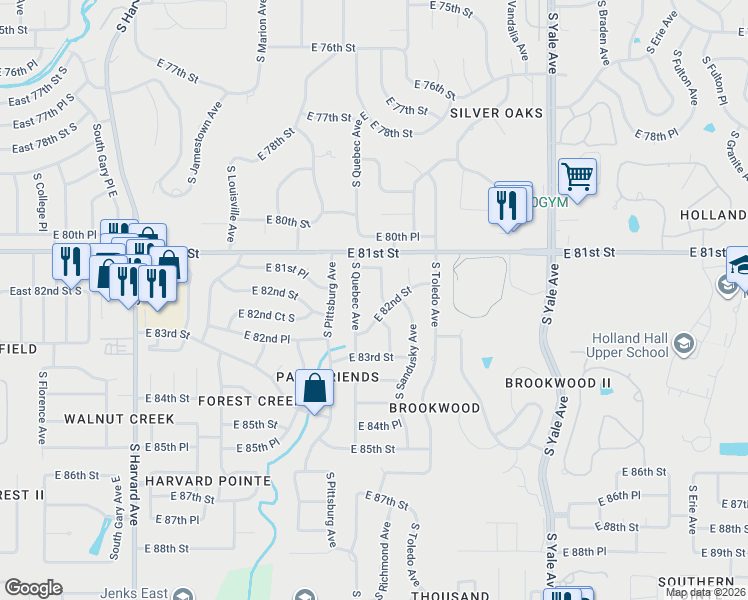 map of restaurants, bars, coffee shops, grocery stores, and more near 8124 South Richmond Avenue East in Tulsa