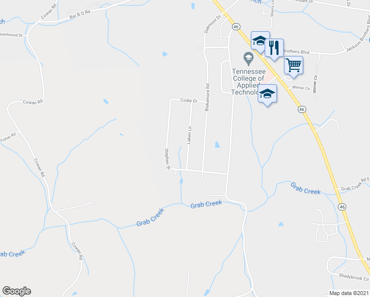 map of restaurants, bars, coffee shops, grocery stores, and more near 107 Laken Lane in Dickson