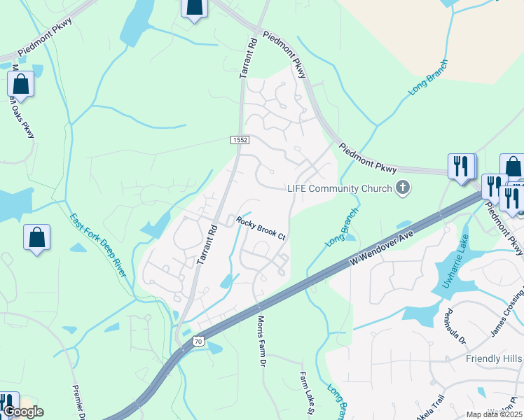 map of restaurants, bars, coffee shops, grocery stores, and more near 3713 Morris Farm Drive in Greensboro