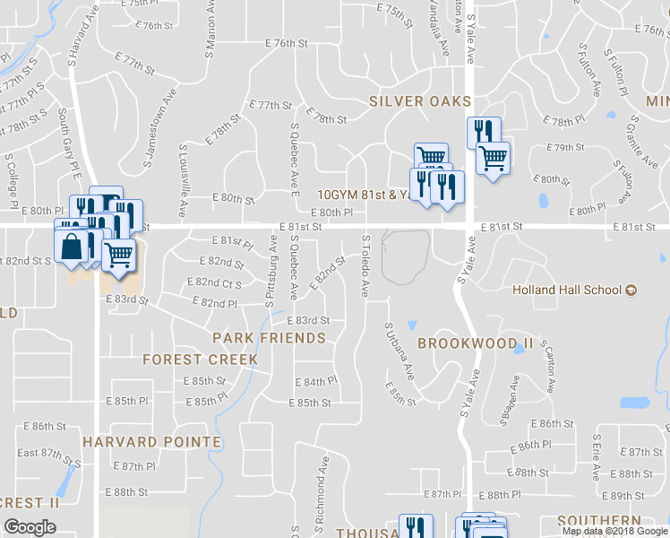 map of restaurants, bars, coffee shops, grocery stores, and more near 6756 East 27th Street in Tulsa