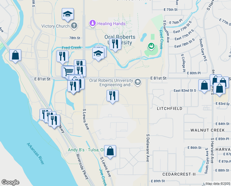 map of restaurants, bars, coffee shops, grocery stores, and more near Cityplex Towers in Tulsa