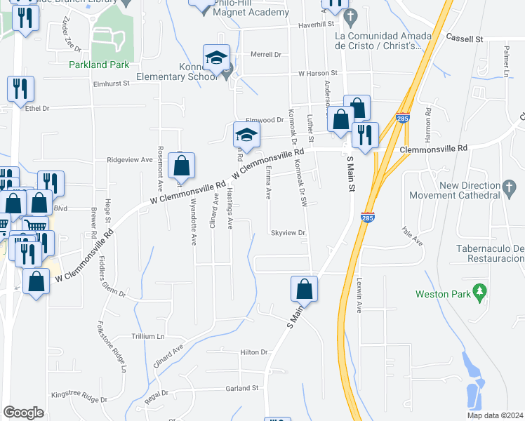 map of restaurants, bars, coffee shops, grocery stores, and more near 3660 Emma Avenue in Winston Salem