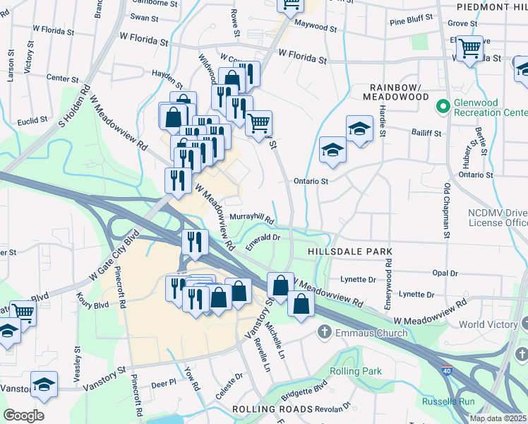 map of restaurants, bars, coffee shops, grocery stores, and more near 2508 Murrayhill Road in Greensboro