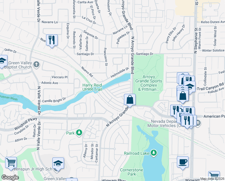 map of restaurants, bars, coffee shops, grocery stores, and more near 1635 Box Step Drive in Henderson
