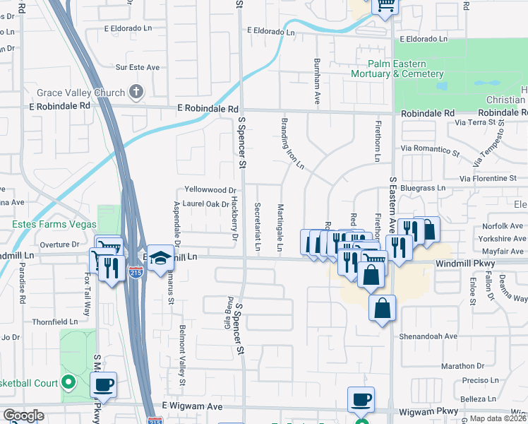 map of restaurants, bars, coffee shops, grocery stores, and more near 7965 Secretariat Lane in Las Vegas