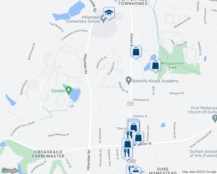 map of restaurants, bars, coffee shops, grocery stores, and more near 1021 Climbing Aster Drive in Durham