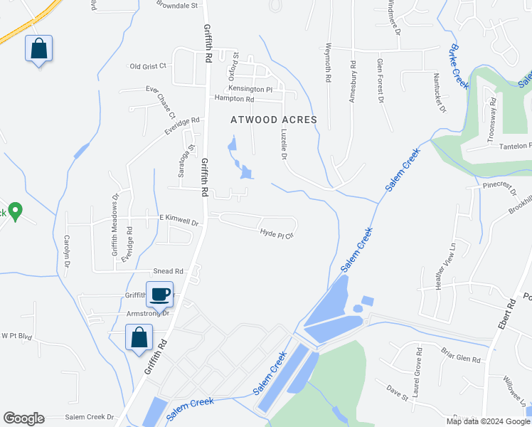 map of restaurants, bars, coffee shops, grocery stores, and more near 3233 Hyde Place Circle in Winston-Salem