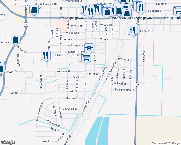 map of restaurants, bars, coffee shops, grocery stores, and more near 605 West Bertig Street in Paragould