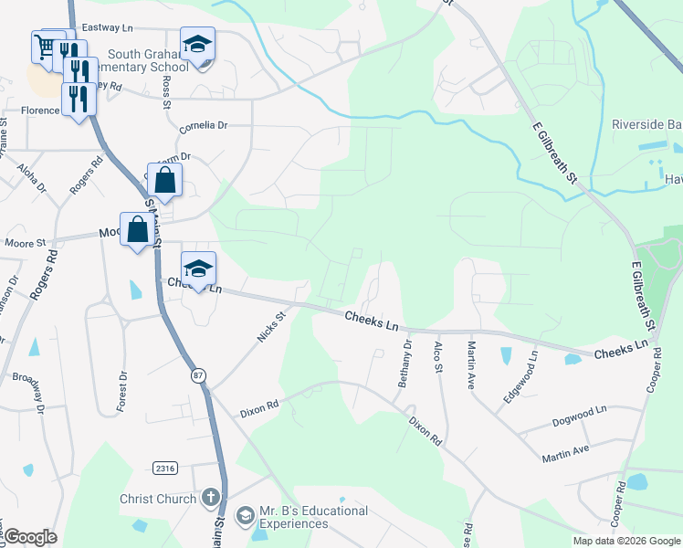 map of restaurants, bars, coffee shops, grocery stores, and more near 404 Cheeks Lane in Graham