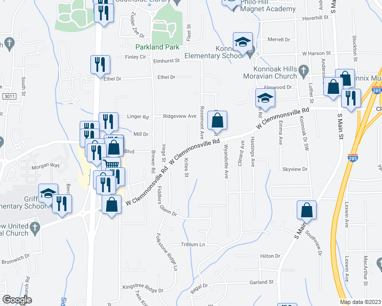 map of restaurants, bars, coffee shops, grocery stores, and more near 912 West Clemmonsville Road in Winston-Salem