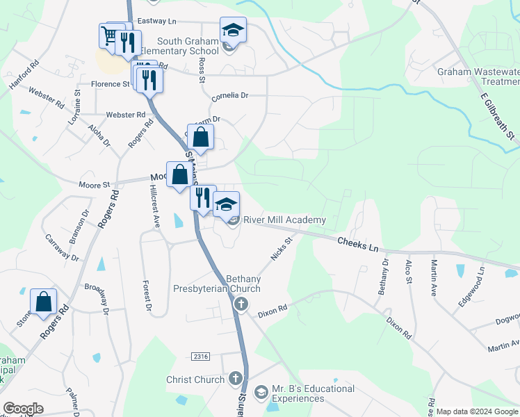map of restaurants, bars, coffee shops, grocery stores, and more near 316 Cheeks Lane in Graham