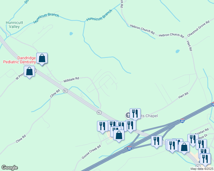 map of restaurants, bars, coffee shops, grocery stores, and more near 905 Oak Village Court in Dandridge