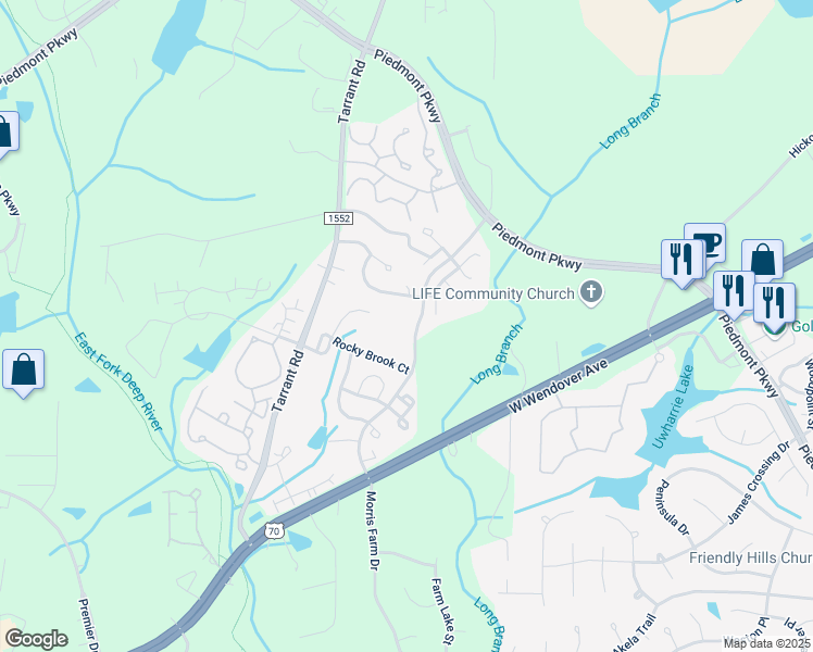 map of restaurants, bars, coffee shops, grocery stores, and more near 3733 Morris Farm Drive in Greensboro