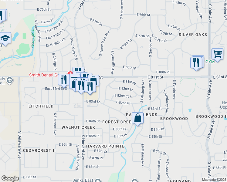map of restaurants, bars, coffee shops, grocery stores, and more near 3718 East 82nd Street in Tulsa