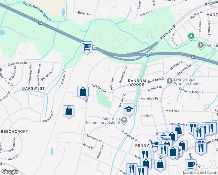map of restaurants, bars, coffee shops, grocery stores, and more near 1906 Starlight Drive in Greensboro