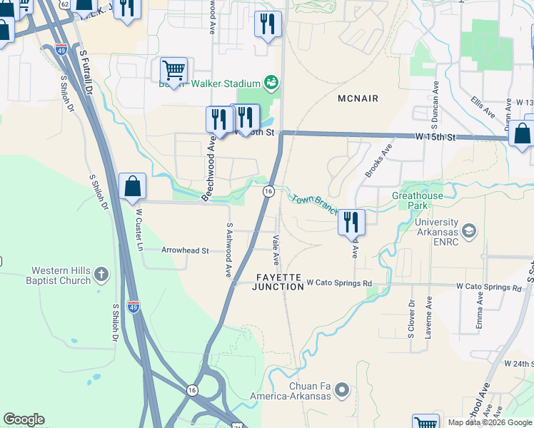 map of restaurants, bars, coffee shops, grocery stores, and more near 1429 West Netherland Way in Fayetteville