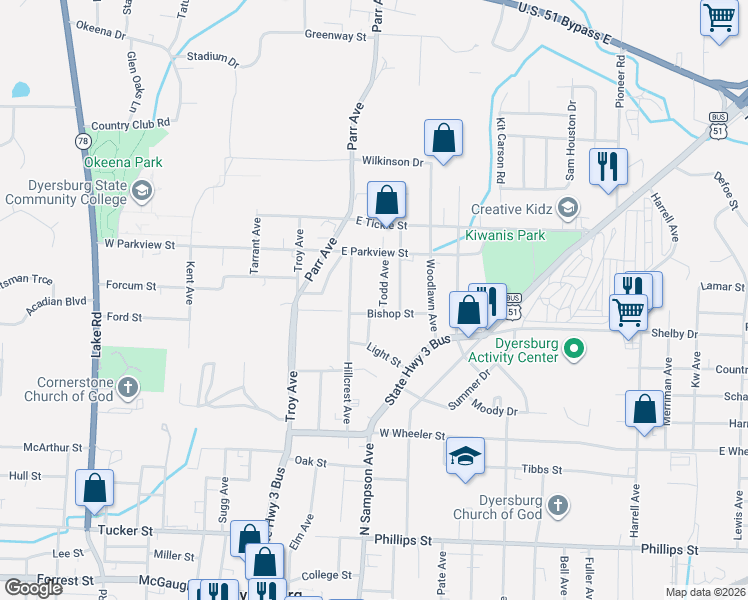 map of restaurants, bars, coffee shops, grocery stores, and more near 1320 Todd Avenue in Dyersburg