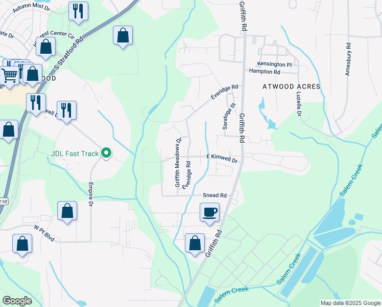 map of restaurants, bars, coffee shops, grocery stores, and more near 209 Everidge Road in Winston-Salem