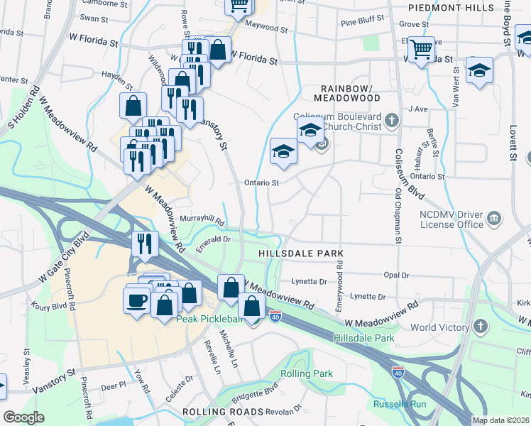 map of restaurants, bars, coffee shops, grocery stores, and more near 2317 Westhaven Drive in Greensboro