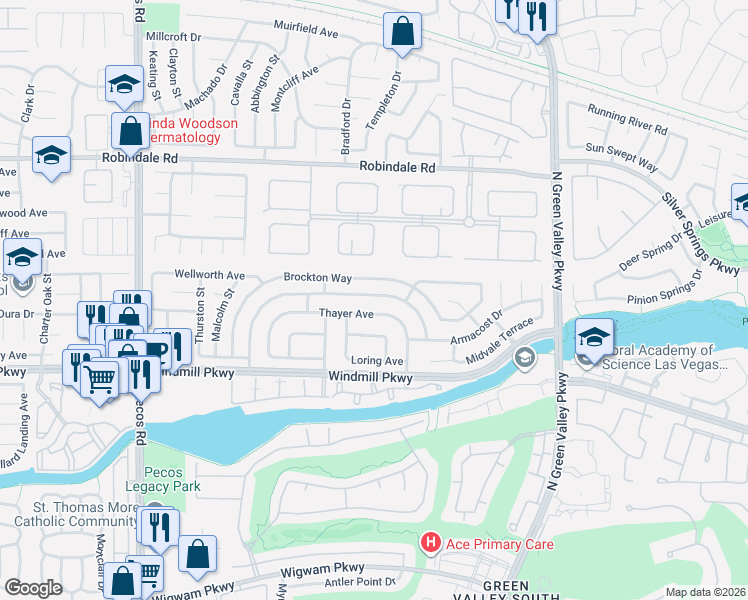 map of restaurants, bars, coffee shops, grocery stores, and more near 2343 Tilden Way in Henderson