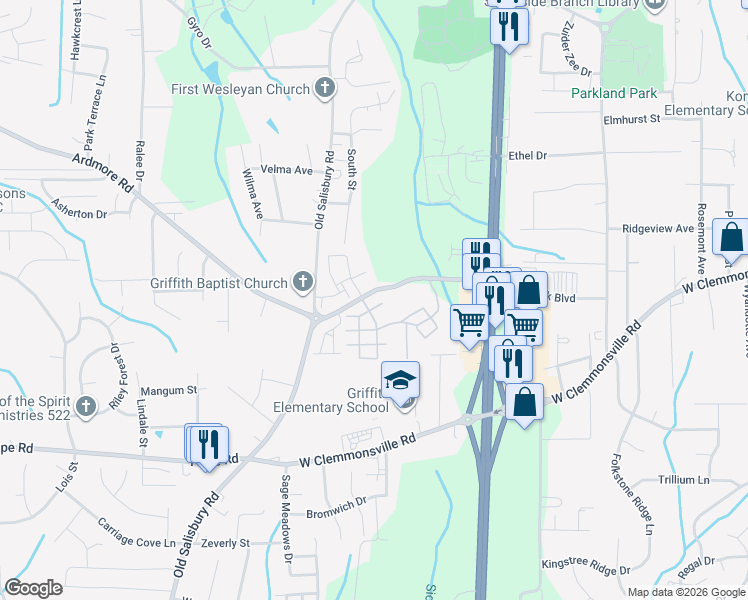 map of restaurants, bars, coffee shops, grocery stores, and more near 1305 Ashley Terrace in Winston-Salem