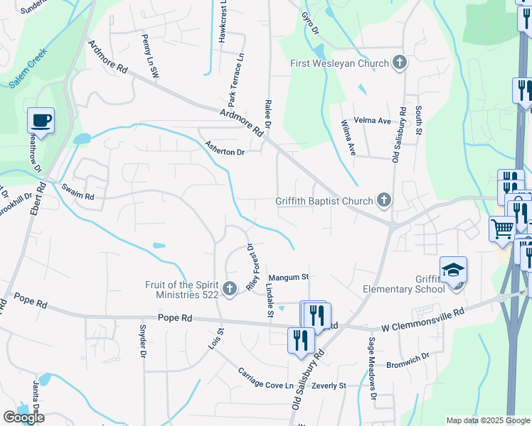map of restaurants, bars, coffee shops, grocery stores, and more near 2125 Maurine Way North in Winston-Salem